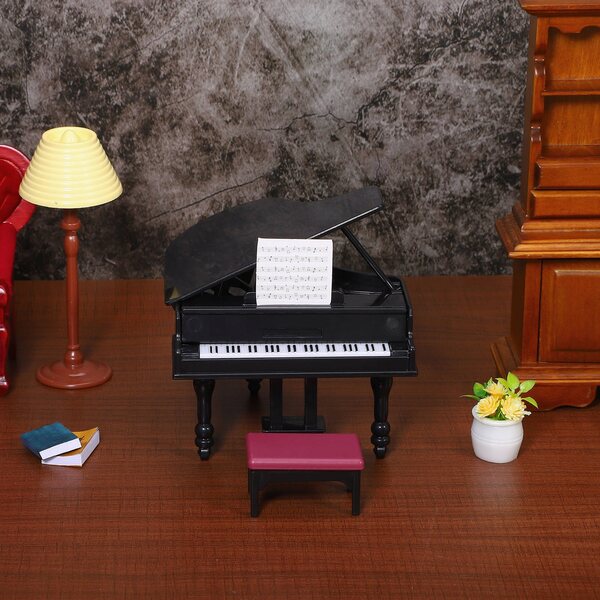 Mini pianoforte nero con sgabello per gioco e decorazione casa delle bambole