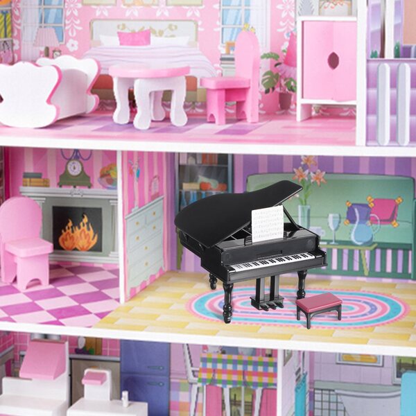 Mini pianoforte nero con sgabello per gioco e decorazione casa delle bambole