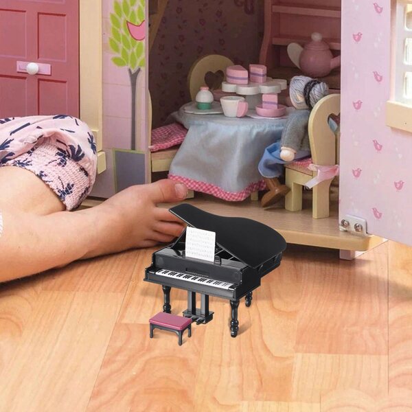 Mini pianoforte nero con sgabello per gioco e decorazione casa delle bambole