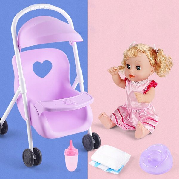 12'' Babypuppenwagen und Puppenset mit Zubehör für Kinder ab 18 Monaten