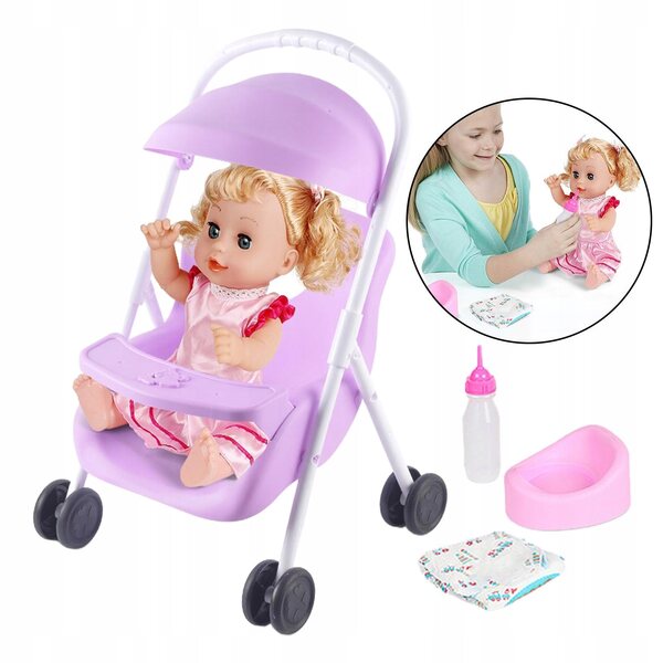 12'' Babypuppenwagen und Puppenset mit Zubehör für Kinder ab 18 Monaten