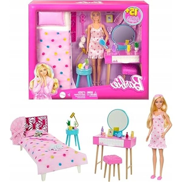 Set Barbie Camera da Letto con Bambola, Letto, Toilette e Accessori per Bambini 3+