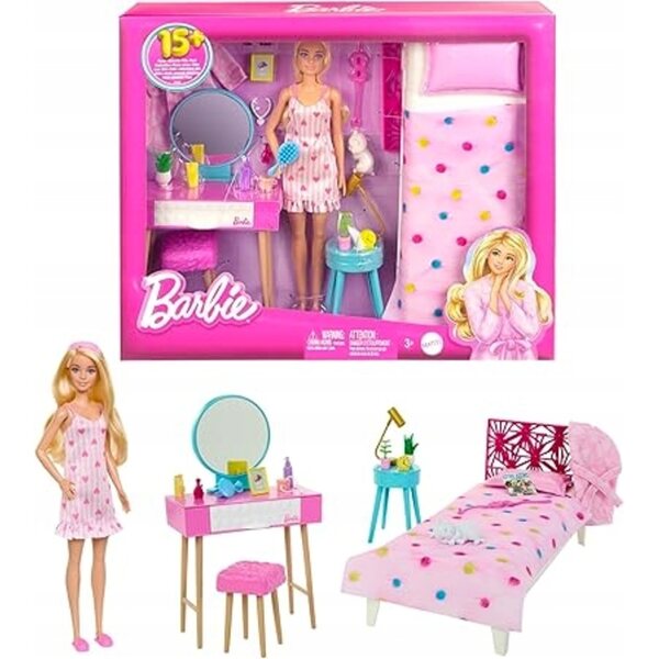 Set Barbie Camera da Letto con Bambola, Letto, Toilette e Accessori per Bambini 3+
