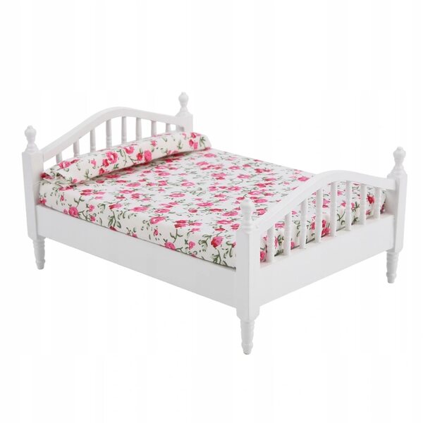 Mini letto doppio in legno e tessuto per case delle bambole scala 1/12