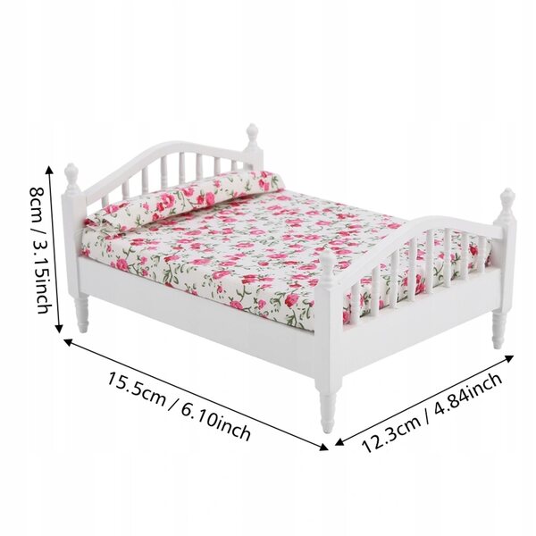 Mini letto doppio in legno e tessuto per case delle bambole scala 1/12