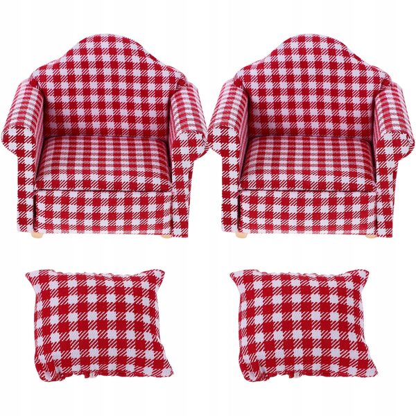 Set 2 Mini Sofà in Legno con Cuscini Rosso Rustico per Casa delle Bambole