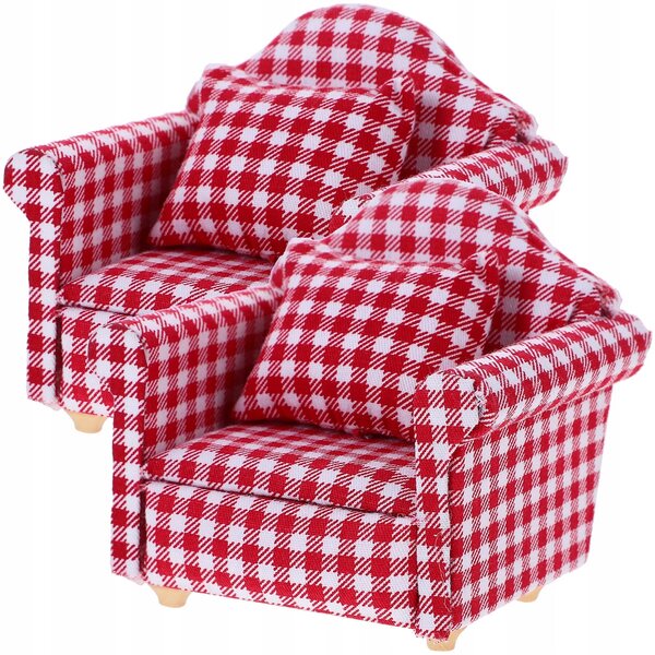 Set 2 Mini Sofà in Legno con Cuscini Rosso Rustico per Casa delle Bambole
