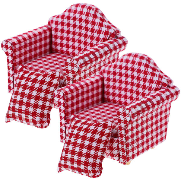 Set 2 Mini Sofà in Legno con Cuscini Rosso Rustico per Casa delle Bambole
