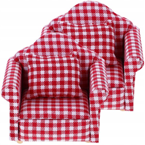 Set 2 Mini Sofà in Legno con Cuscini Rosso Rustico per Casa delle Bambole