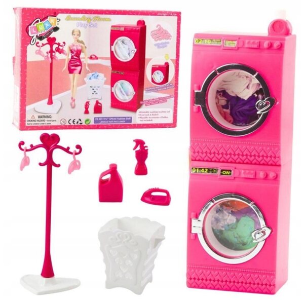 set biancheria per bambole rosa con lavatrice, asciugatrice e appendiabiti - giocattolo 3+