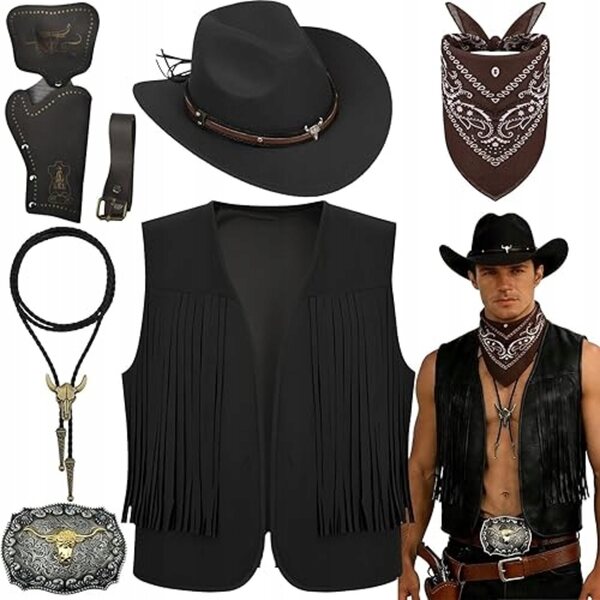7-teiliges Western-Cowboy-Kostümset für Herren für Karneval und Cosplay