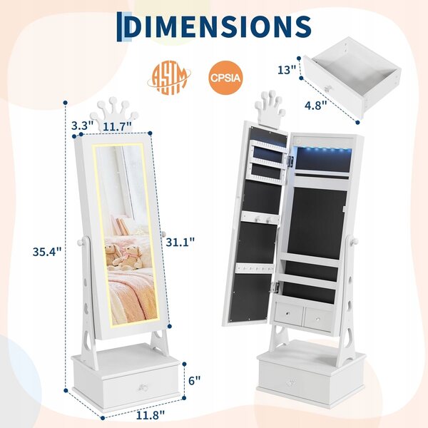 Mobiletto portagioie per bambini con specchio e 3 cassetti in MDF bianco