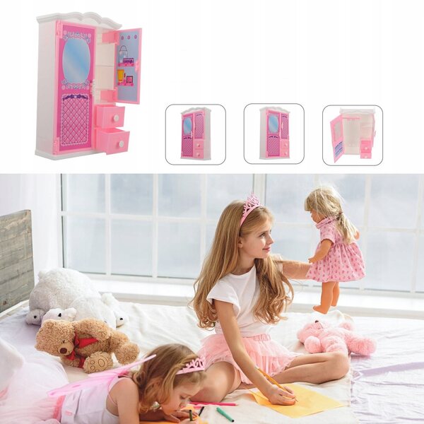 Mini armadio rosa per bambole in plastica con cassetti apribili, leggero e resistente