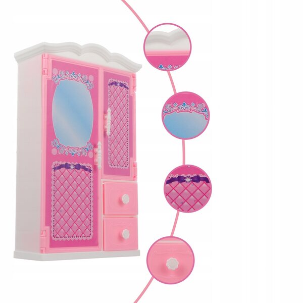 Mini armadio rosa per bambole in plastica con cassetti apribili, leggero e resistente