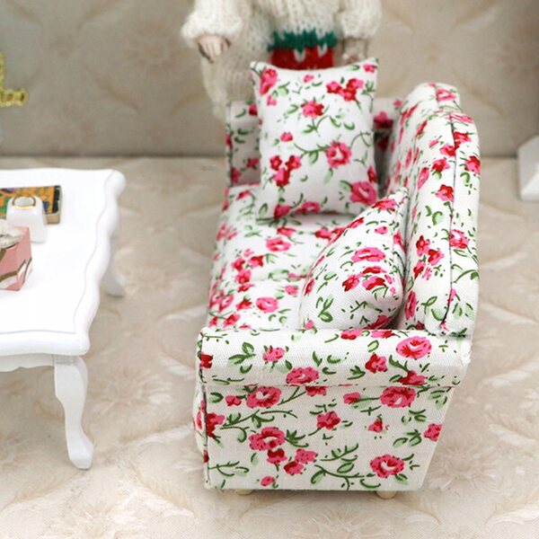 Sofa Miniatura 1:12 per Casa delle Bambole in Legno e Tessuto di Qualità
