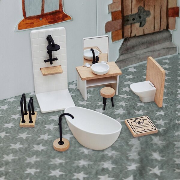 1:12 Puppenhaus-Miniatur-Badezimmerset aus Holz mit klassischem Zubehör