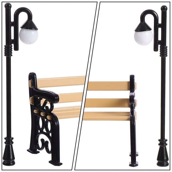Lampadaires miniatures et bancs d'extérieur en résine et métal pour décorations
