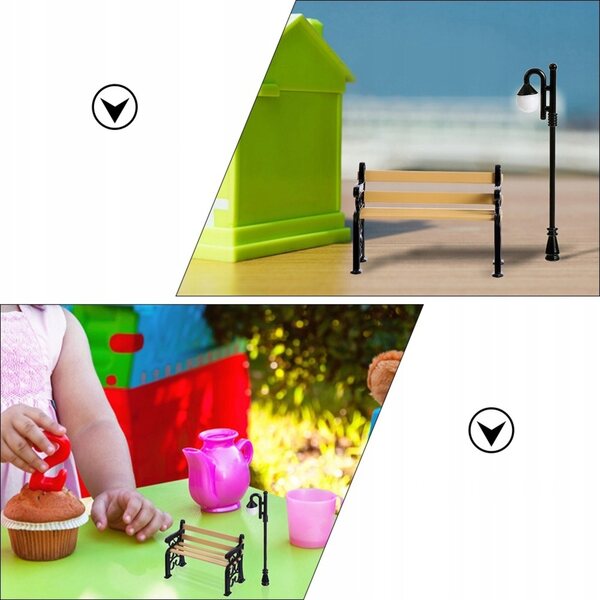 Lampadaires miniatures et bancs d'extérieur en résine et métal pour décorations