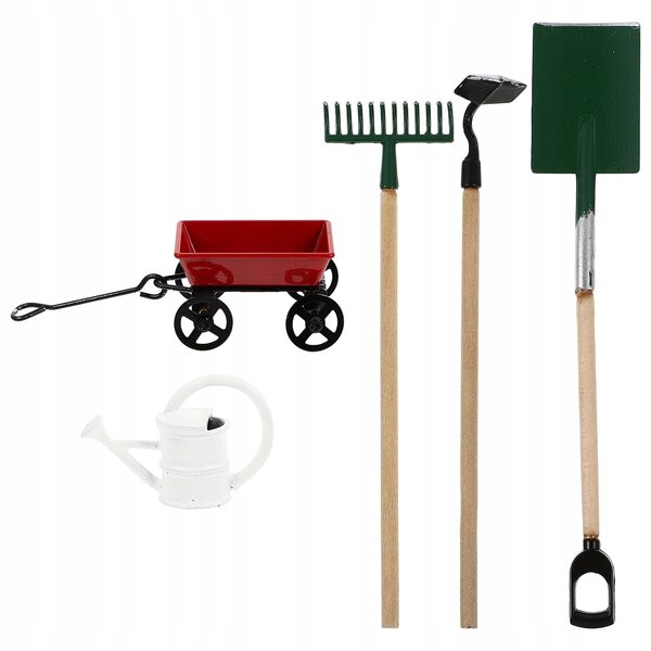 Set Mini Strumenti da Giardino per Casa delle Bambole con Annaffiatoio e Carretto