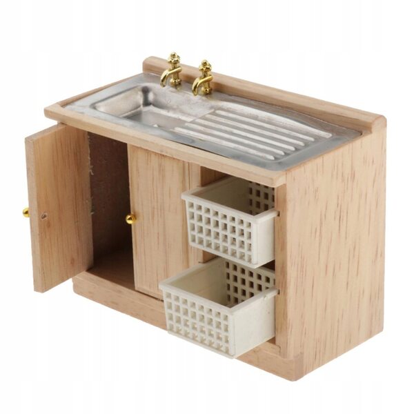 Szafka kuchenna drewniana 1:12 per la casa delle bambole, con lavabo