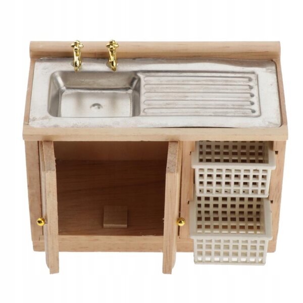 Szafka kuchenna drewniana 1:12 per la casa delle bambole, con lavabo