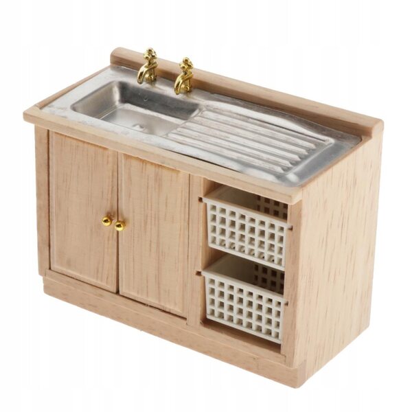 Szafka kuchenna drewniana 1:12 per la casa delle bambole, con lavabo