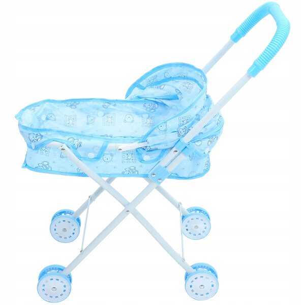Blauer Puppenwagen mit Metallgestell und Stoffbezug, leicht und widerstandsfähig
