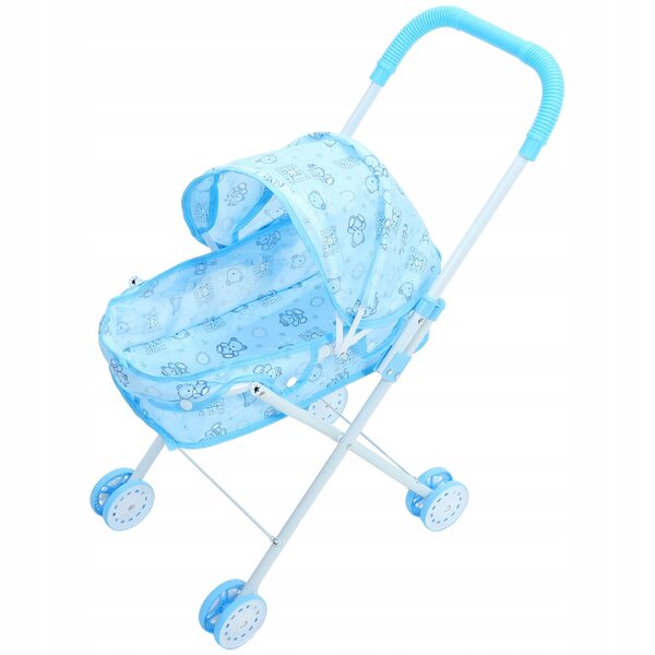 Blauer Puppenwagen mit Metallgestell und Stoffbezug, leicht und widerstandsfähig