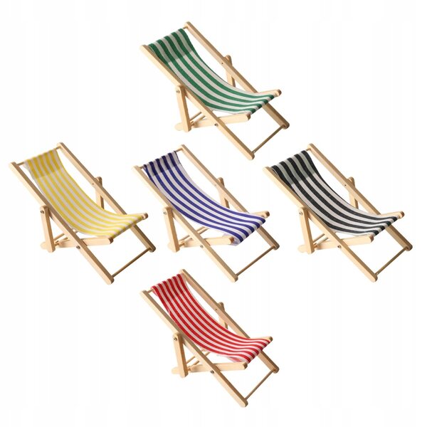 Set 5 Mini Sedie Sdraio Pieghevoli in Legno e Tessuto per Casa delle Bambole