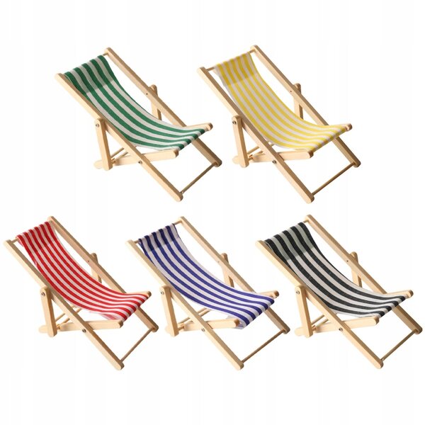 Set 5 Mini Sedie Sdraio Pieghevoli in Legno e Tessuto per Casa delle Bambole