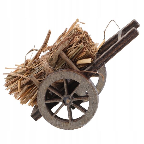 Mini Carretto in Legno con Decorazione in Paglia per Case delle Bambole 1:12