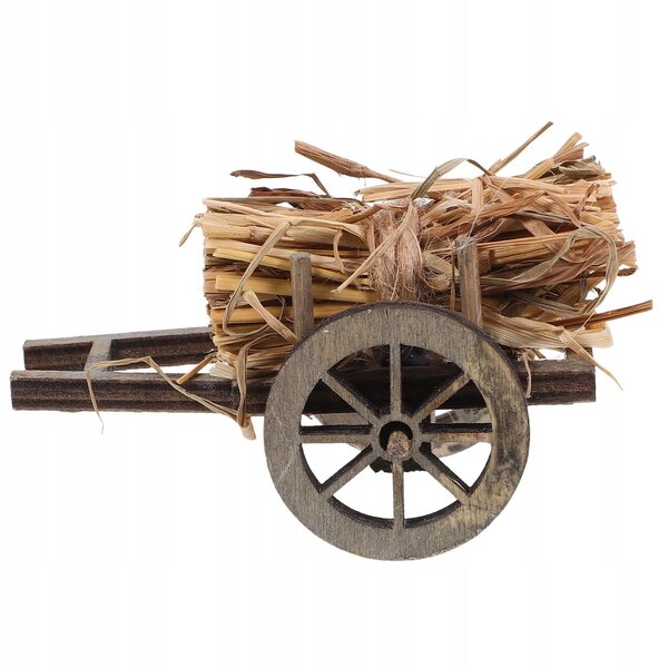 Mini Carretto in Legno con Decorazione in Paglia per Case delle Bambole 1:12