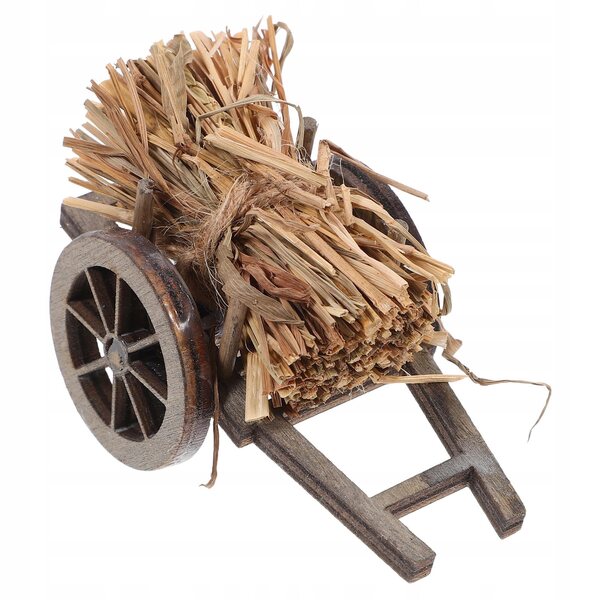 Mini Carretto in Legno con Decorazione in Paglia per Case delle Bambole 1:12