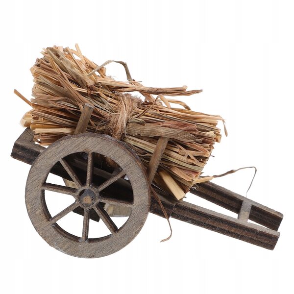 Mini Carretto in Legno con Decorazione in Paglia per Case delle Bambole 1:12