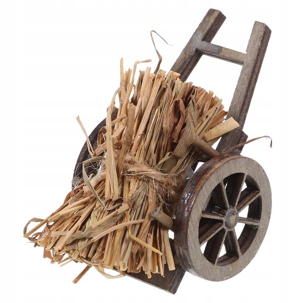 Mini Carretto in Legno con Decorazione in Paglia per Case delle Bambole 1:12