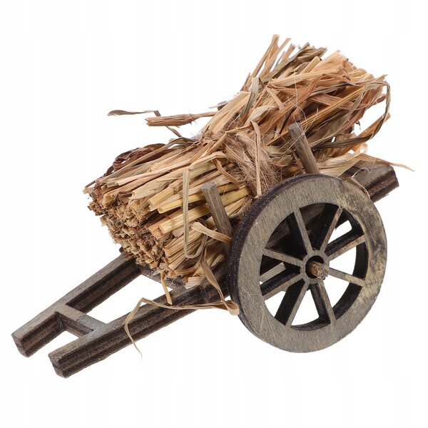 Mini Carretto in Legno con Decorazione in Paglia per Case delle Bambole 1:12