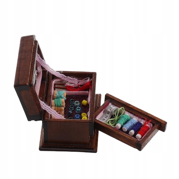 Scatola da cucito vintage in legno per casa delle bambole, decorazione elegante 3x2 cm