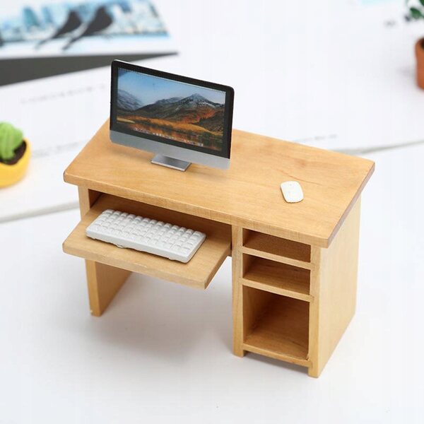 1:12 Mini-Computertisch aus Holz mit Maus und Tastatur für Puppenhaus