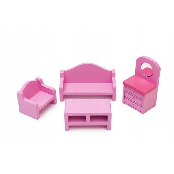 Holzmöbelset für rosa Puppenhaus, realistisch und detailliert
