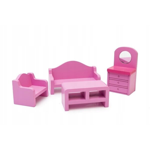 Holzmöbelset für rosa Puppenhaus, realistisch und detailliert