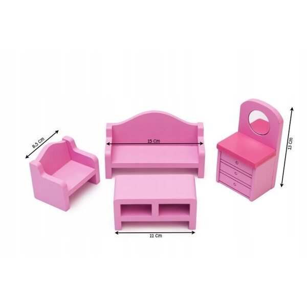 Holzmöbelset für rosa Puppenhaus, realistisch und detailliert