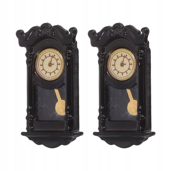Set 2 Mini Orologi Neri in Plastica con Pendolo per Casa delle Bambole Vintage