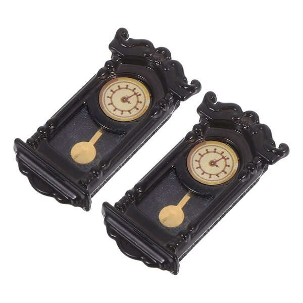 Set 2 Mini Orologi Neri in Plastica con Pendolo per Casa delle Bambole Vintage