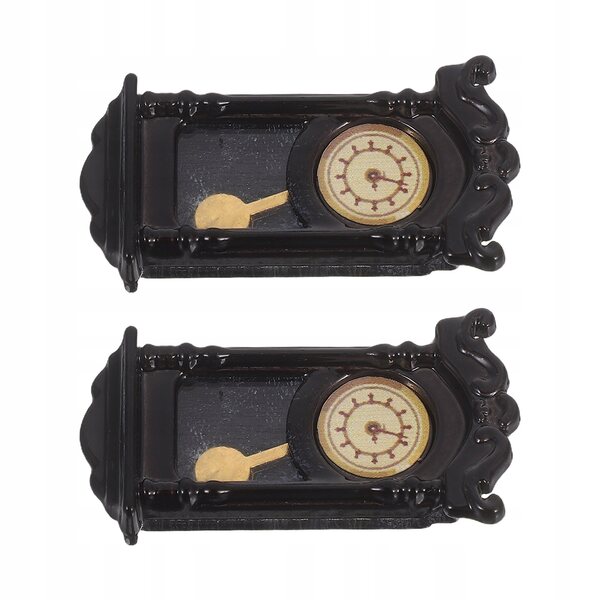 Set 2 Mini Orologi Neri in Plastica con Pendolo per Casa delle Bambole Vintage