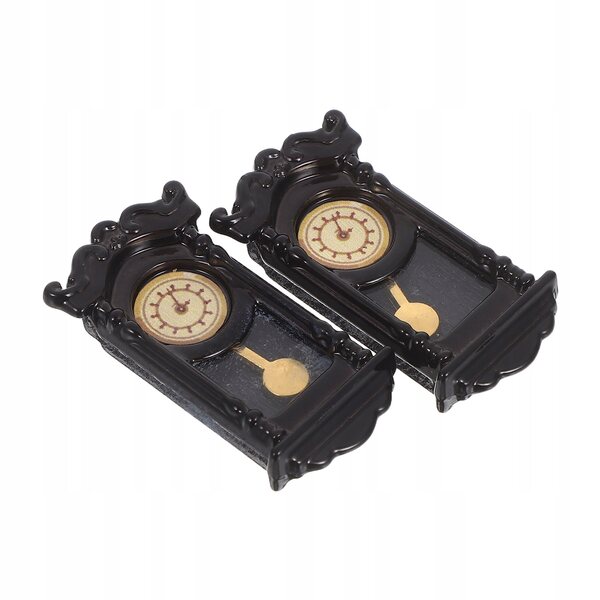 Set 2 Mini Orologi Neri in Plastica con Pendolo per Casa delle Bambole Vintage
