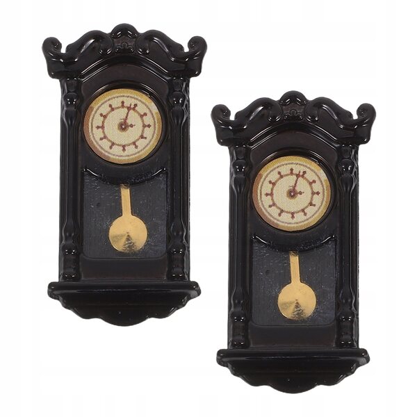 Set 2 Mini Orologi Neri in Plastica con Pendolo per Casa delle Bambole Vintage