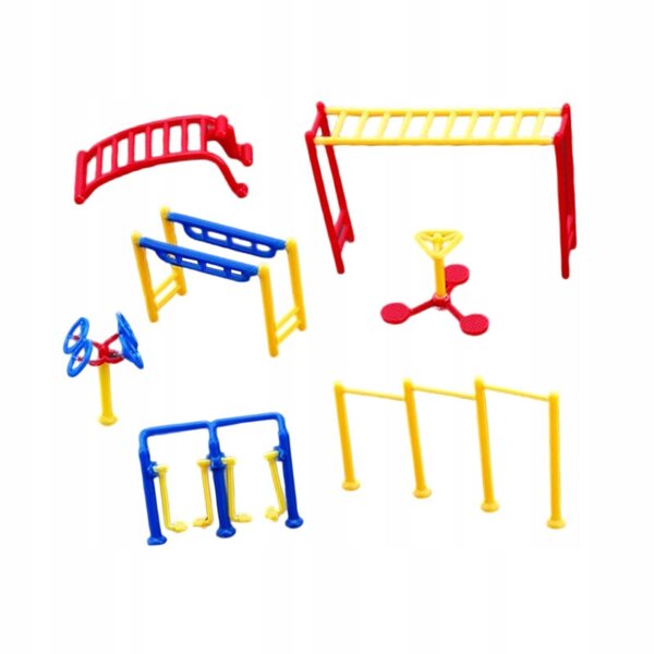 Miniatuurmodellen van outdoor fitnessapparatuur in schaal 1:75 voor diorama's en microlandschappen