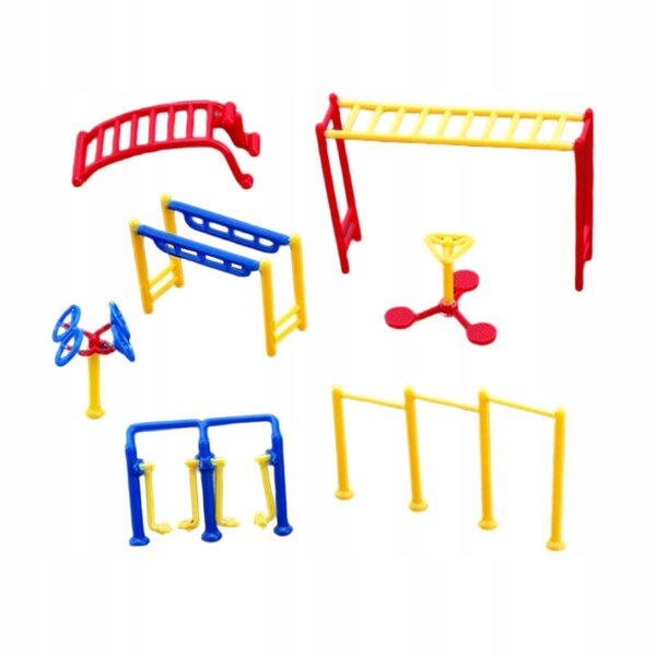 Miniatuurmodellen van outdoor fitnessapparatuur in schaal 1:75 voor diorama's en microlandschappen