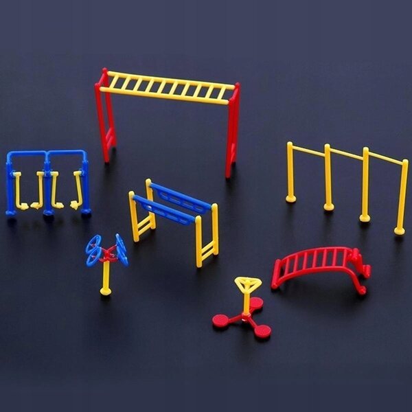 Miniatuurmodellen van outdoor fitnessapparatuur in schaal 1:75 voor diorama's en microlandschappen