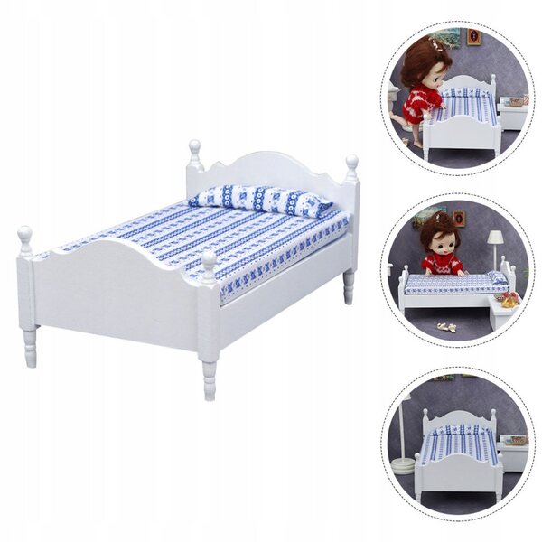Mini letto elegante bianco in legno per casa delle bambole, realistico e resistente
